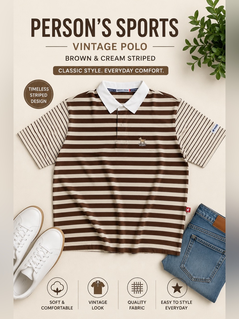 Person’s Sports Brown & Cream Striped Polo Shirt Embroidered Dog Logo Vintage
